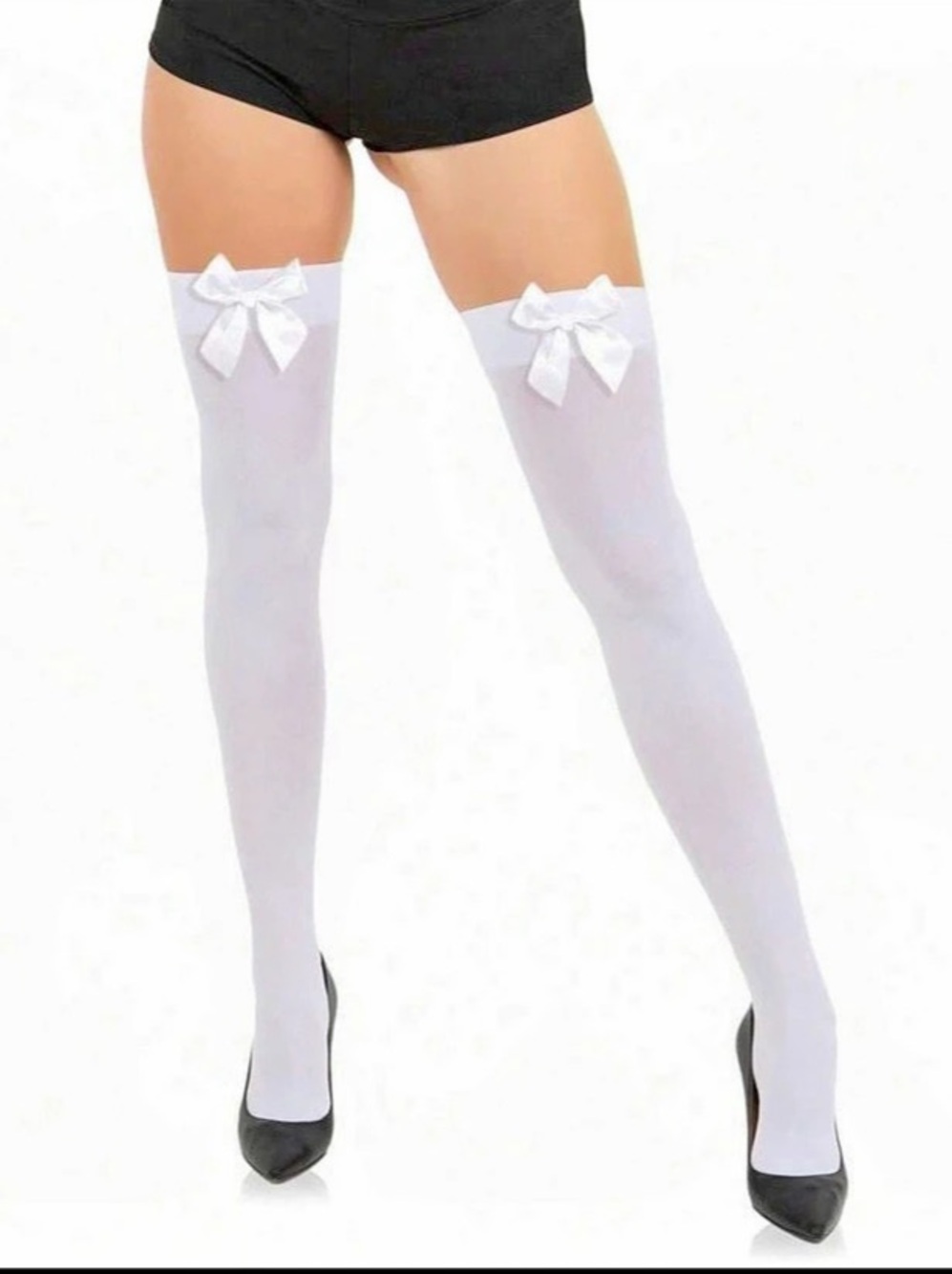 Opaque Thigh High Stockings with Satin Bow White